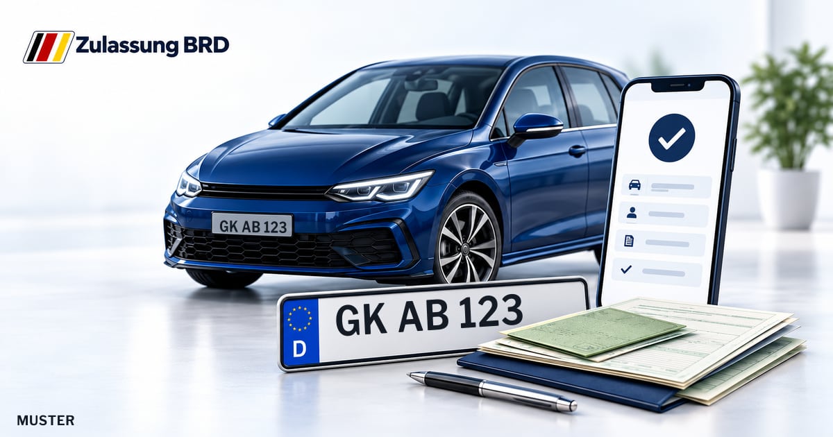 Online Fahrzeugzulassung in Gangelt: Musterkennzeichen GK AB 123, Auto und Fahrzeugpapiere und Smartphone. Illustration mit Logo von Zulassung BRD.